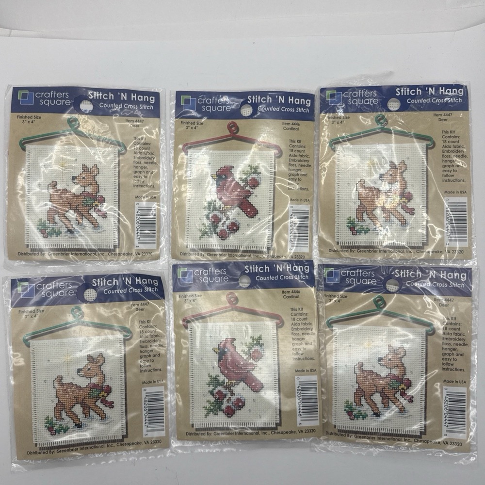 Lot of 6 Christmas Stitch N Hang - Cardinal x 2, Deer x 4 One Deer Is Open